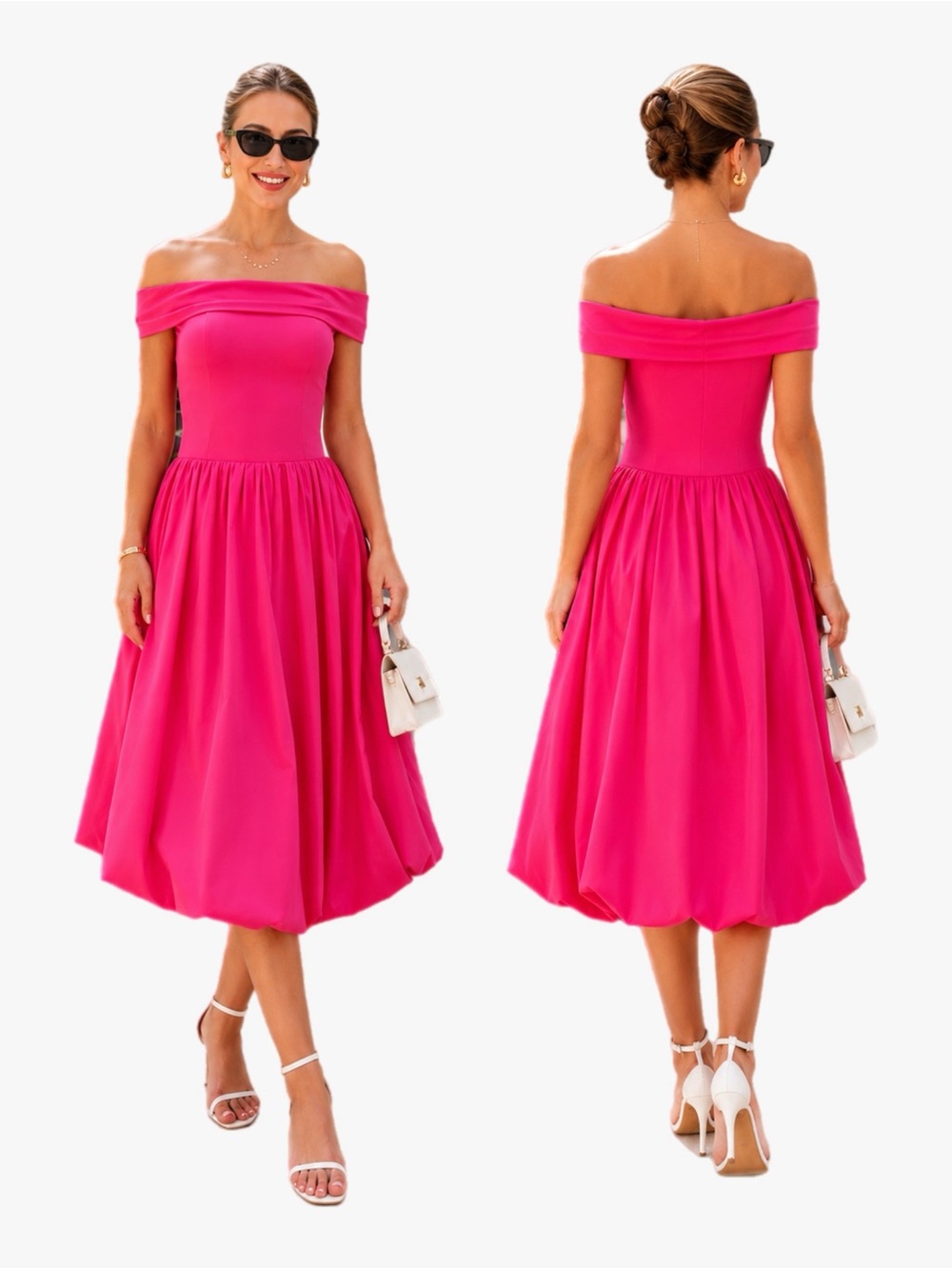NWT PRETTYGARDEN Hot Pink Off Shoulder Midi Dress XL Bubble Hem Wedding Guest